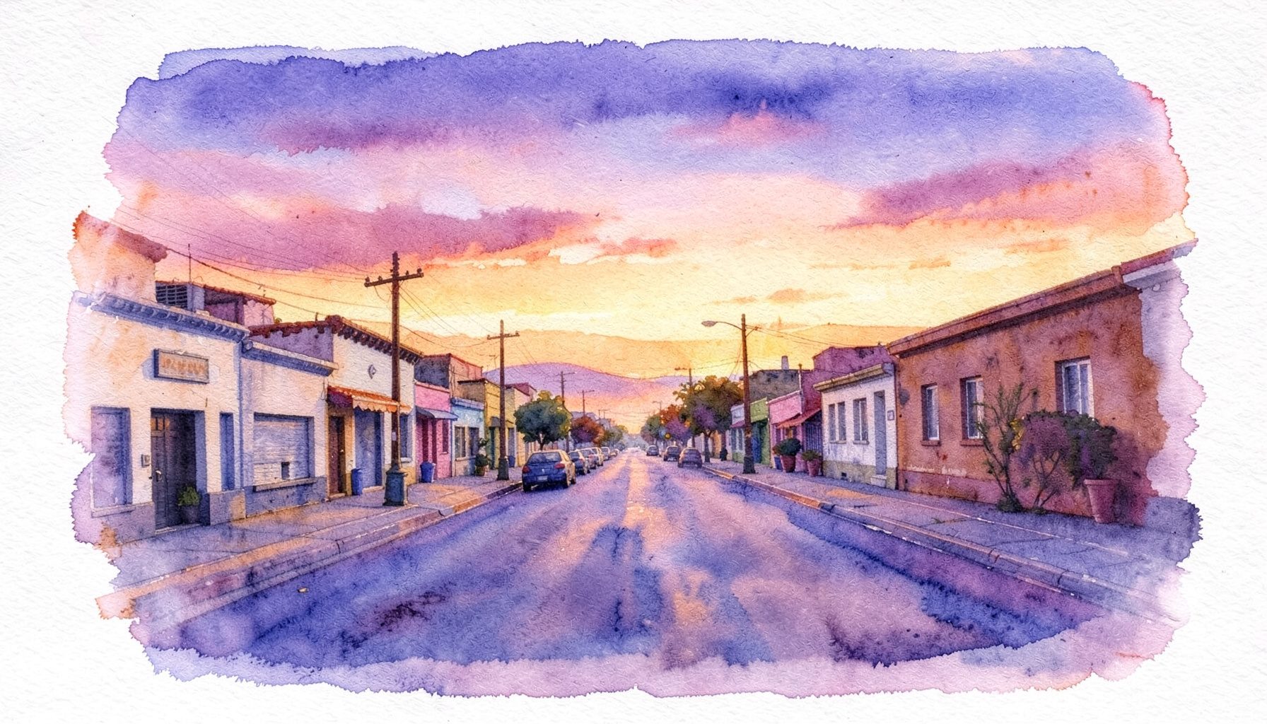 Paisaje urbano de una ciudad del norte de México al atardecer, con tonos cálidos anaranjados y violetas, calles tranquilas y edificios bajos bajo un cielo amplio